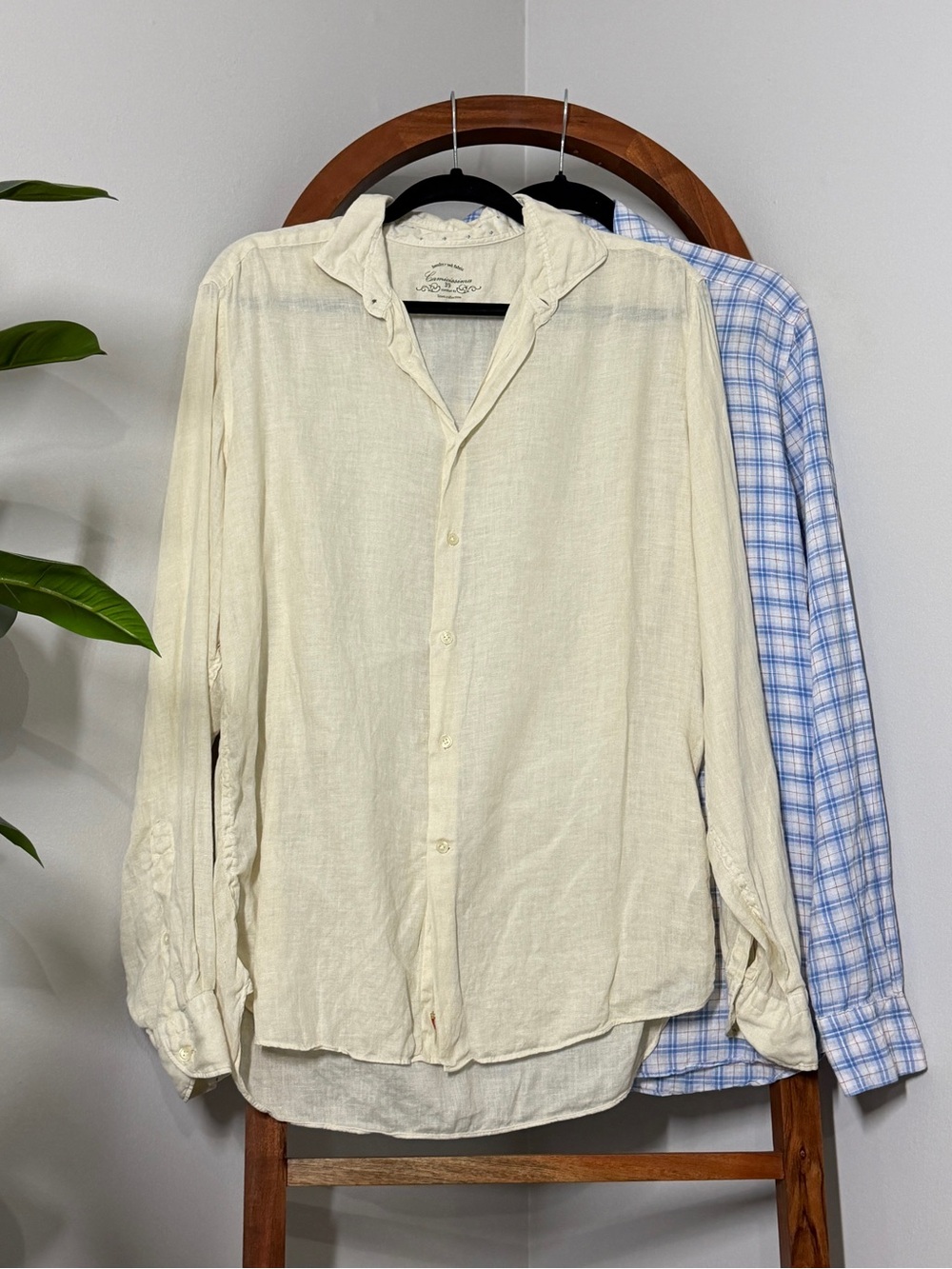 Camicissima MEDIUM Lot of Two Cream Blue Plaid 100% Linen Button Down Shirts